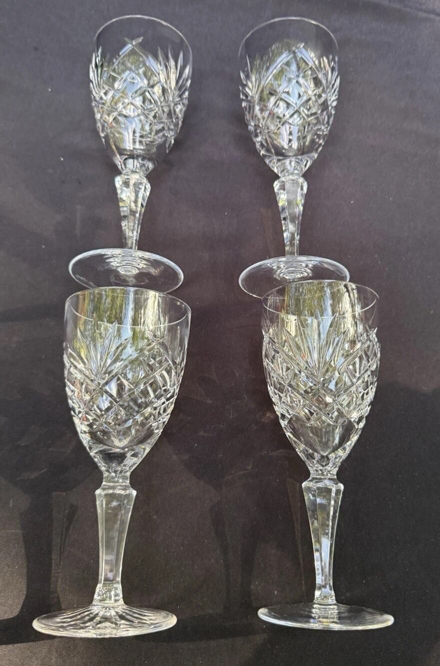 Galway Crystal Ashford Plain Base White Wine Goblet 7" Made in Ireland Set Of 4